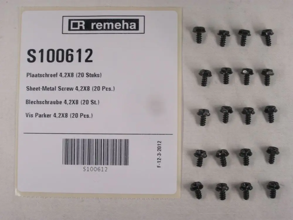 Schwarze Blechschrauben in 20er-Packung, sortiert auf Karte mit Marke Remeha. Schrauben besitzen eine flache Oberseite und eine gezahnte Gewindeform.
